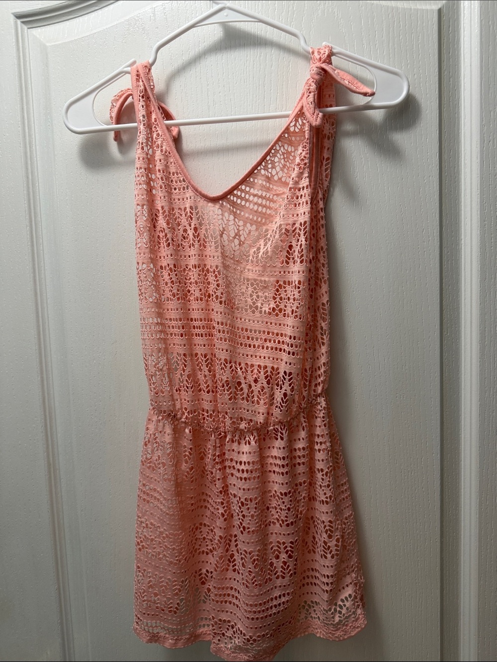 Peach Crochet Lace Tie-Shoulder Cover-Up Dress